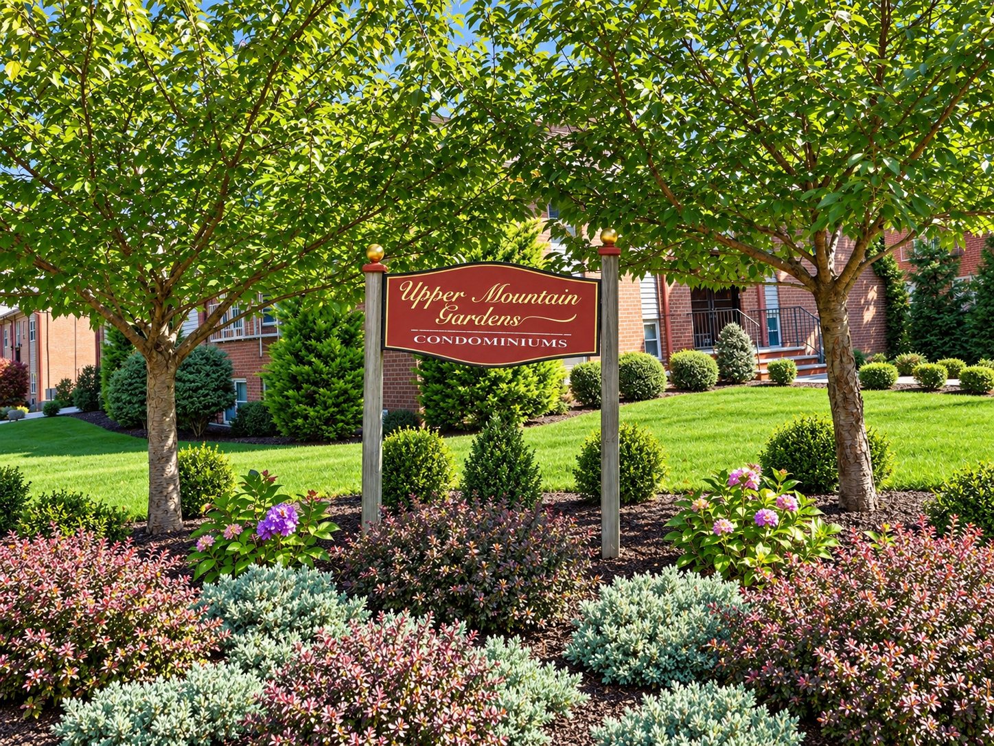 Upper Mountain Gardens entrance sign and plantings, Montclair