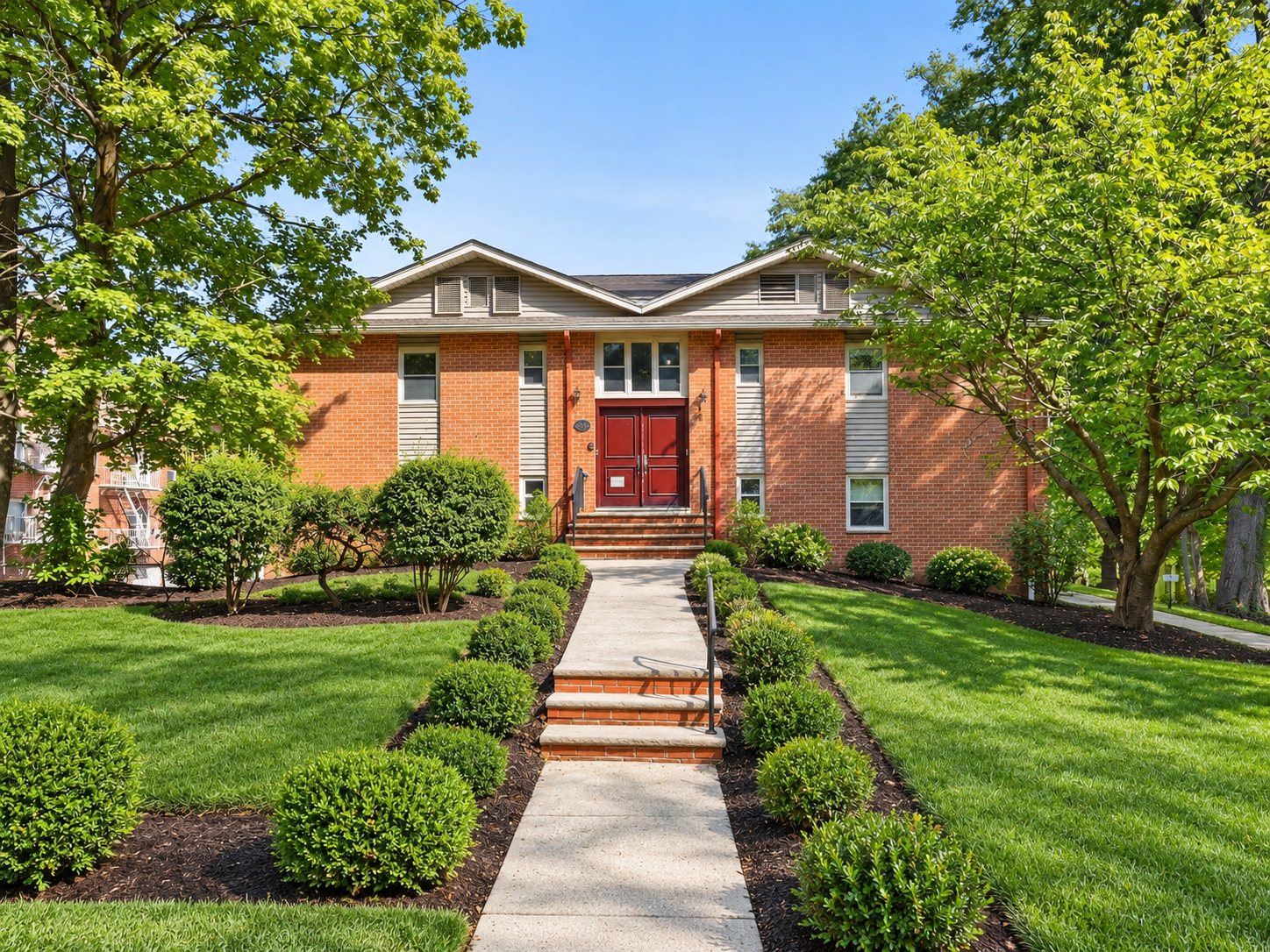 Front walk and brick facade of Upper Mountain Gardens, 361 Claremont Avenue, Montclair, NJ
