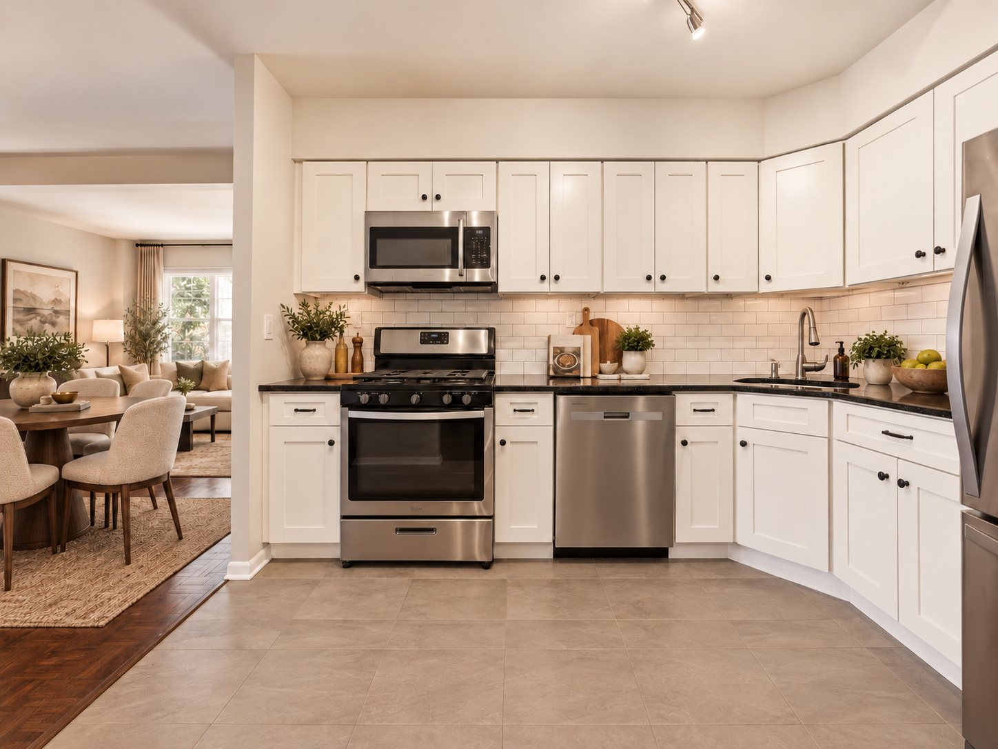 Kitchen seen from the dining area (virtually staged)