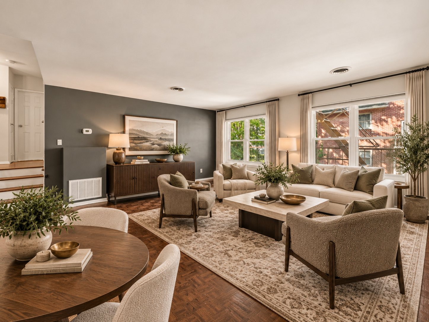 Living room seen from the dining area (virtually staged)