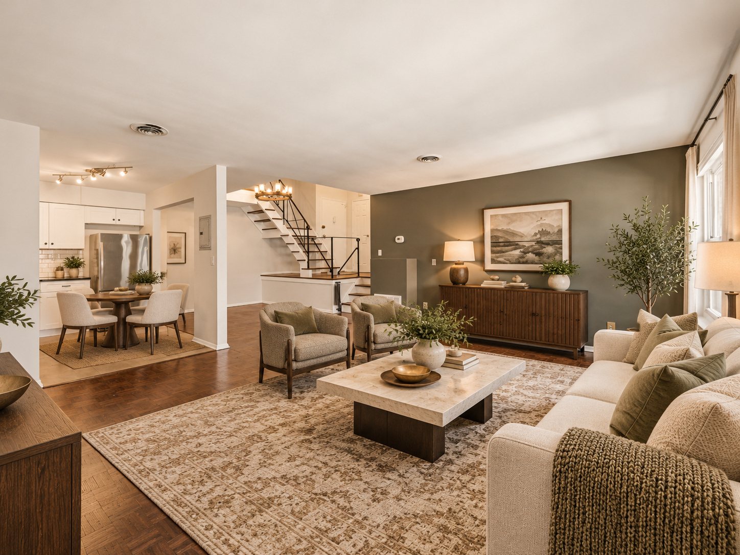 Living room with hardwood floors and generous windows at 361 Claremont Avenue, Unit 3, Montclair (virtually staged)