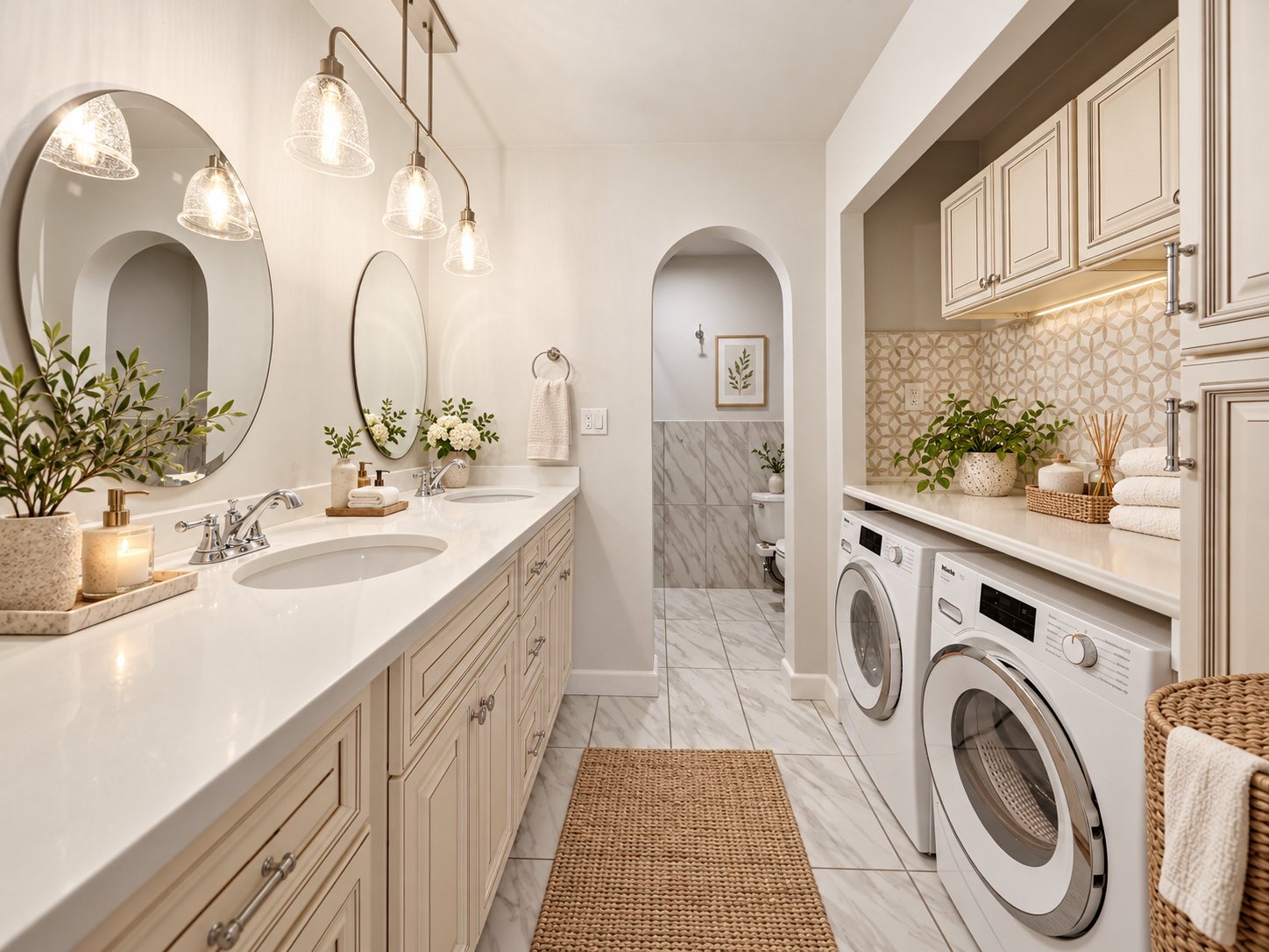 Primary bath with dual vanities beside the laundry room at 361 Claremont Avenue, Unit 3